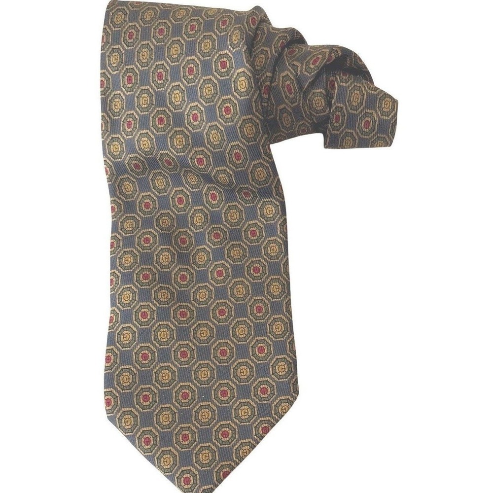 Drake's for Louis Boston Mens Silk Tie Geometric Medallion Green‎ Gold England